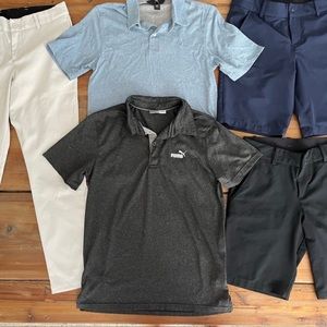 Boys pants, shorts, gold shirt lot size 10/12